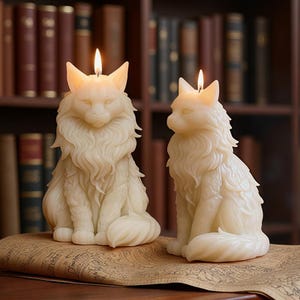 Pode incluir: Duas velas em forma de gato cor marfim com pavios acesos. As velas têm texturas de pêlo detalhadas e estão sobre uma superfície de papel vintage. O fundo apresenta uma estante cheia de livros.