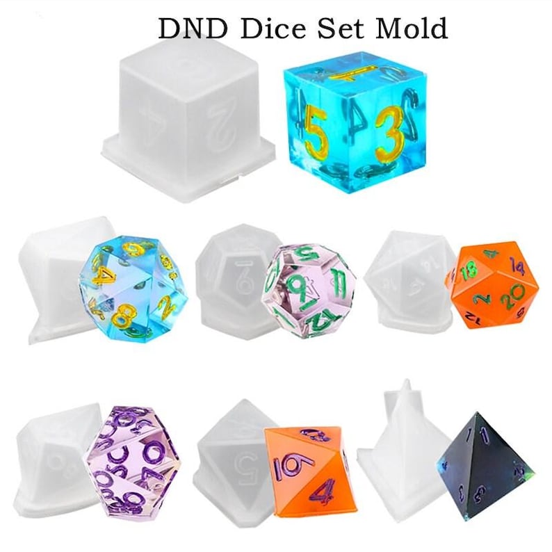 May include: A set of seven white silicone molds for making polyhedral dice. The molds are arranged in a row, with each mold showing a different die shape. The dice are shown in various colors, including blue, orange, purple, and black.
