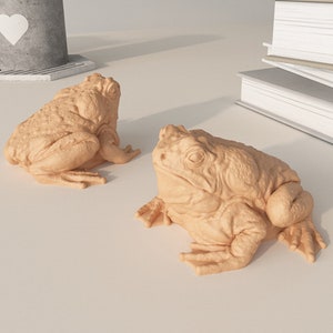 May include: Two beige ceramic frog figurines. The frogs are sitting on a white surface.