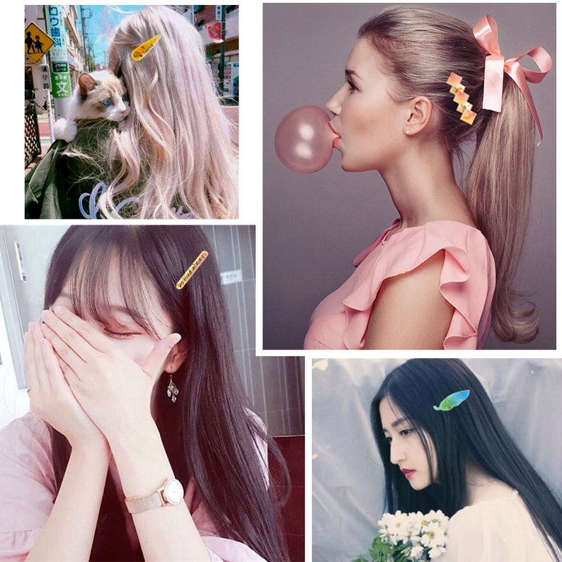 K&ouml;nnte beinhalten: Ein Set mit vier bunten Haarklammern in verschiedenen Designs. Die Klammern sind aus Kunststoff und haben eine gl&auml;nzende Oberfl&auml;che. Die Klammern sind im Haar von vier verschiedenen Models zu sehen.