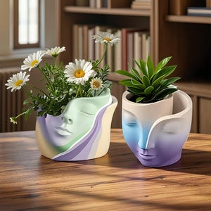 Puede incluir: Dos macetas con forma de rostro con ojos y labios cerrados. La maceta izquierda presenta remolinos en tonos pastel verde, morado y amarillo con margaritas blancas. La maceta derecha tiene un degradado azul y morado con una planta suculenta.