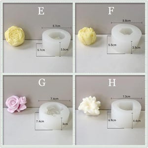 May include: Four silicone molds for making flower-shaped candles or soap. The molds are different sizes and shapes, with measurements in inches. The molds are white and have a smooth surface.