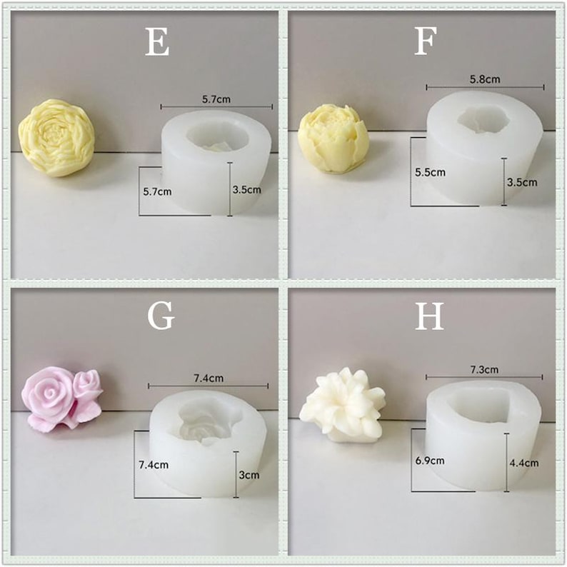 May include: Four silicone molds for making flower-shaped candles or soap. The molds are different sizes and shapes, with measurements in inches. The molds are white and have a smooth surface.