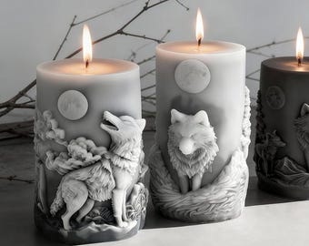 Moon Wolf Candle Silicone Mold-Forest Wolf Candle Mold-Howling Wolf Resin Mold-Embossed Pillar Candle Mold-DIY Aromatherapy Plaster Mold