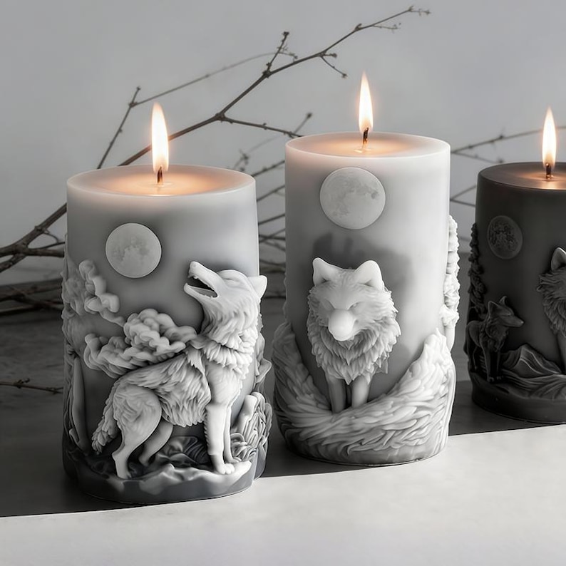 Moon Wolf Candle Silicone Mold-Forest Wolf Candle Mold-Howling Wolf Resin Mold-Embossed Pillar Candle Mold-DIY Aromatherapy Plaster Mold image 1