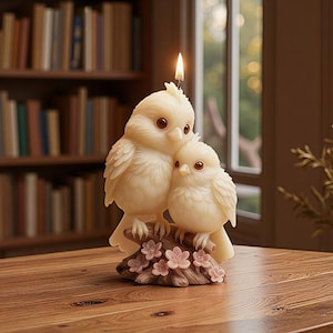 May include: A cream-colored candle shaped like two birds perched on a branch with pink flowers. The candle has a lit wick, and the birds have detailed feathers and brown eyes. The candle is on a wooden table, with a blurred bookshelf in the background.