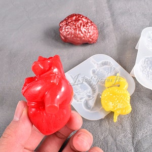 May include: A silicone mould for making anatomical heart, brain, and flamingo shapes. The mould is white and has three cavities. A red heart, a brown brain, and a yellow flamingo are shown next to the mould.
