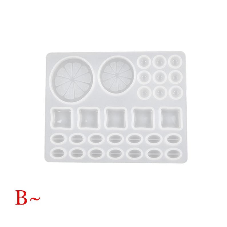 May include: White silicone mold with various shapes, including circles, squares, and ovals. The mold is designed for creating resin crafts.