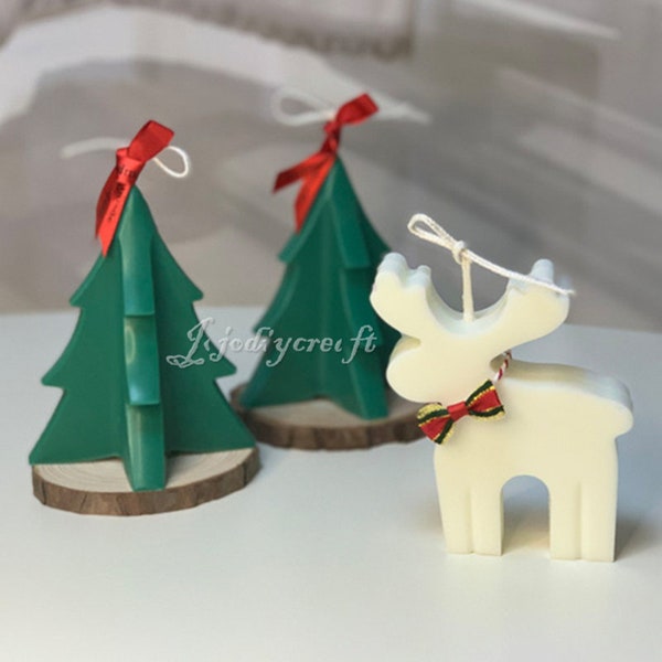 Stampi In Silicone Per Candele Natalizie 3D - Albero Di Natale E Alce - Set Con Stoppini E Supporti Per Aromaterapia E Resina