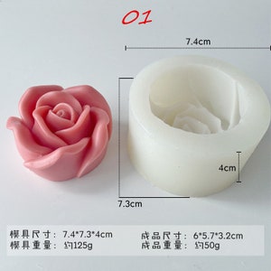 May include: A white silicone mold for making a rose-shaped candle. The mold is 7.4 inches in diameter and 4 inches tall. The finished candle is approximately 6 inches in diameter and 3.2 inches tall. The mold is shown next to a pink rose-shaped candle.
