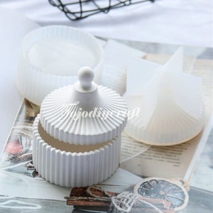 Round Striped Concrete Candle Vessel Mold-Candle Jar Silicone Mold With Lid-Cement Flower Pot Mold-Epoxy Resin Jewelry Trinket Box Mold
