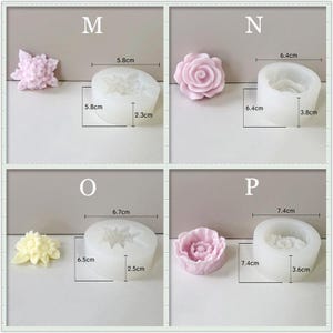 May include: Four silicone molds for making flower-shaped decorations. The molds are 5.8 cm, 6.4 cm, 6.7 cm, and 7.4 cm in diameter. Each mold has a different flower design.