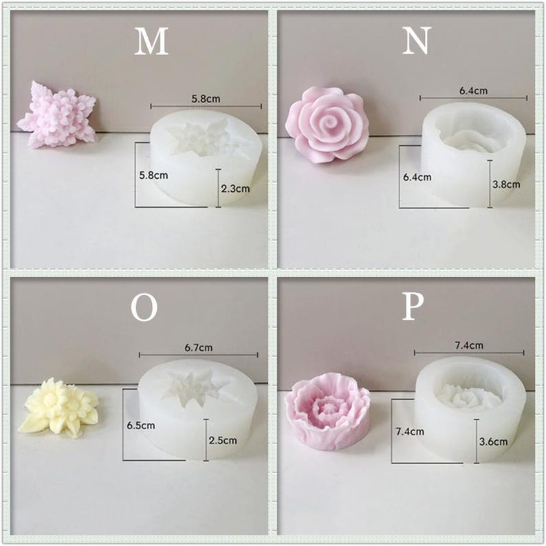 May include: Four silicone molds for making flower-shaped decorations. The molds are 5.8 cm, 6.4 cm, 6.7 cm, and 7.4 cm in diameter. Each mold has a different flower design.