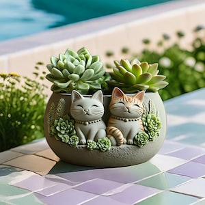 Molde de silicone para vaso com estampa de gato - Molde de resina para tigela de casal de gatos - Molde para castiçal de concreto - Molde de gesso e cimento