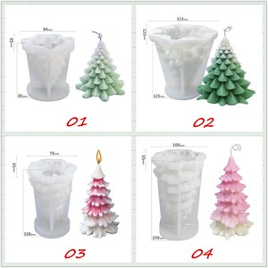 May include: Four silicone molds for making Christmas tree candles. The molds are clear and show the details of the tree candles. The candles are green, pink, and white. The molds are numbered 01, 02, 03, and 04.