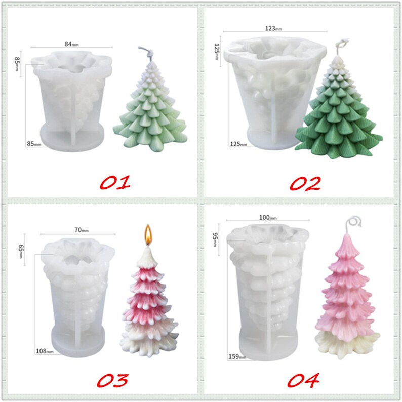 May include: Four silicone molds for making Christmas tree candles. The molds are clear and show the details of the tree candles. The candles are green, pink, and white. The molds are numbered 01, 02, 03, and 04.
