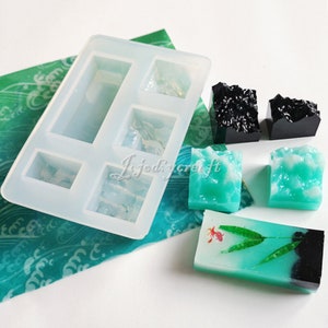 May include: A clear silicone mold with five rectangular cavities. The mold is used to create resin crafts. Four finished resin crafts are shown: two black, two blue-green, and one with a blue-green background, black accents, and a red fish.