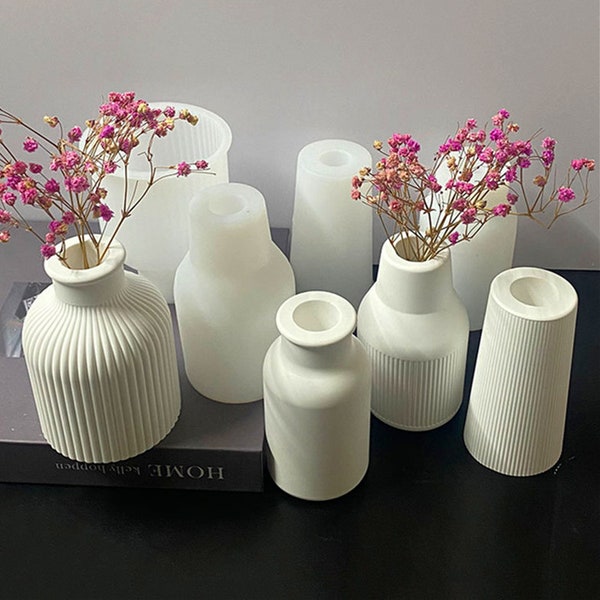 4 Styles Vase Silicone Mold-Striped Vase Mold-Concrete Bud Vase Mold-Cement Plaster Jesmonite Vase Mold-Flower Vase Mold-Epoxy Resin Mold