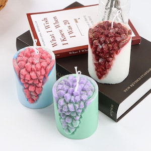 May include: Three pillar candles with a crystal-like design. The candles are in shades of pink, purple, and red. The candles are on a book with the title "What I Wish I Knew When I Was 20".