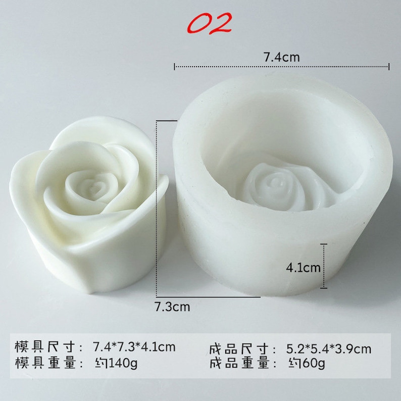 May include: White silicone mold for making rose-shaped candles. The mold is 7.4 inches in diameter and 4.1 inches tall. The finished candle is 5.2 inches in diameter and 3.9 inches tall.