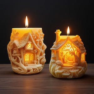 May include: Two lit, yellow-orange candles shaped like whimsical houses. The candles have detailed carvings of windows, doors, and trees. The flames are bright against the dark background, creating a warm, inviting glow. The candles sit on a wooden surface.