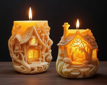 Può includere: Due candele accese, giallo-arancio, a forma di case stravaganti. Le candele presentano intagli dettagliati di finestre, porte e alberi. Le fiamme sono luminose sullo sfondo scuro, creando un bagliore caldo e invitante. Le candele sono su una superficie di legno.