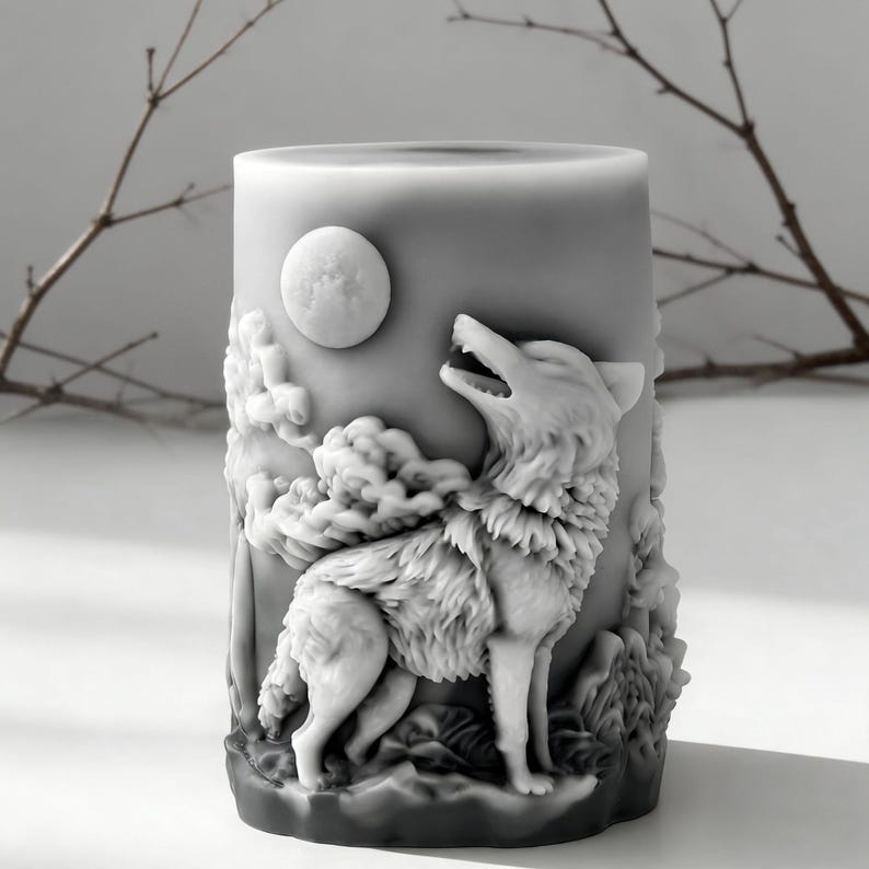 Moon Wolf Candle Silicone Mold-Forest Wolf Candle Mold-Howling Wolf Resin Mold-Embossed Pillar Candle Mold-DIY Aromatherapy Plaster Mold image 3