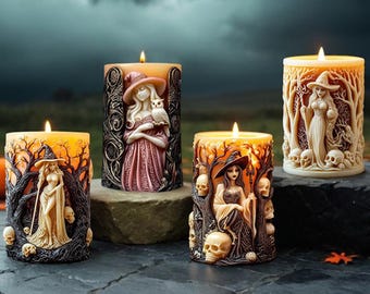 Witch Pillar Candle Silicone Mold-Embossed Witch Candle Mold-Witch Goddess Candle Mold-Halloween Skull Owl Candle Mold-Aesthetic Candle Mold