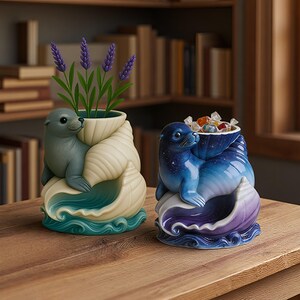 May include: Two ceramic seal figurines shaped like seashells. The left seal is grey with green wave accents and holds purple lavender sprigs. The right seal is blue with a starry pattern, purple wave accents, and contains a small pile of colorful candies.