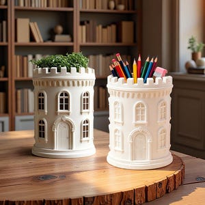 May include: Two white cylindrical containers shaped like miniature castle towers with crenelated tops. One container holds green foliage, while the other holds a collection of colorful pencils and a pink eraser. Both feature arched windows and doors.