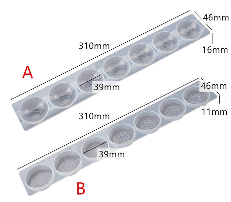 May include: Two clear silicone molds for making resin crafts. Each mold has six round cavities with different designs. The molds are 310 mm long and 46 mm wide. The top mold has cavities that are 39 mm in diameter and 16 mm deep. The bottom mold has cavities that are 39 mm in diameter and 11 mm deep.