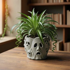 May include: A green spider plant with long, arching, variegated leaves sits in a light gray, textured ceramic planter. The planter features a repeating pattern of sculpted, hollow-eyed, and open-mouthed ghost-like faces around its exterior.