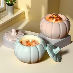 May include: Two pumpkin-shaped candles in pastel colors, one lit with a flame and dried floral accents. The candles are on a neutral surface, with a lid and a small plant in the background. The candles are a decorative item.