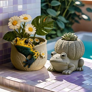 May include: Two decorative planters shaped like frogs. The left planter is beige with a yellow and blue frog figure, holding white daisy flowers and a green leaf. The right planter is a gray stone-textured frog with a succulent plant on its back.