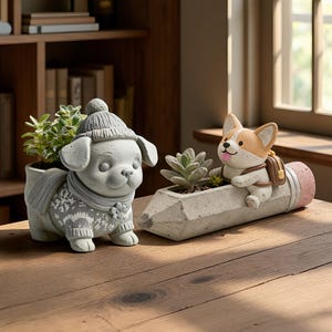May include: A gray concrete planter shaped like a dog wearing a knit hat and sweater with a succulent, alongside a second concrete planter shaped like a pencil with a small corgi figure carrying a backpack and a succulent planted inside.