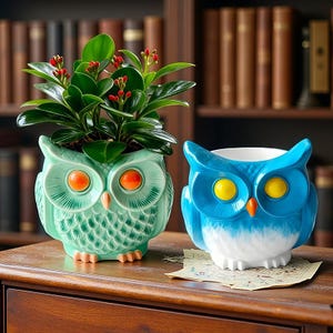 May include: Two ceramic owl planters. One is light green with orange eyes and holds a green plant with red buds. The other is blue and white with yellow eyes. Both are on a wooden surface, with a bookshelf in the background.