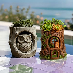 Owl Squirrel Planter Silicone Mold-Tree Stump Pot Mold-Concrete Candle Jar Mold-DIY Aromatherapy Plaster Mold