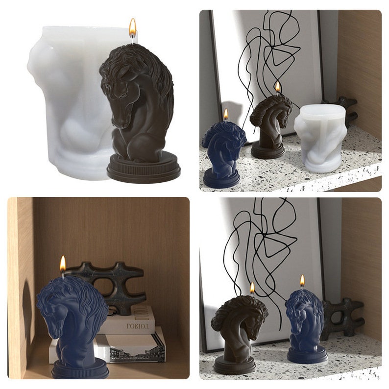 May include: A set of four candles shaped like a horse's head. The candles are in different colors, including black, white, and blue. The candles are on a white surface with a black and white abstract design in the background.