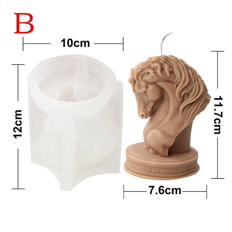 May include: A white silicone mold shaped like a horse's head, measuring 12 cm tall, 10 cm wide, and 7.6 cm in diameter. The mold is next to a brown horse head candle, measuring 11.7 cm tall.