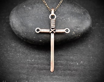 Sword pendant, Copper wire wrapped necklace, Unique handmade birthday gift for Him Mom Wife Husband Sister Friend Her, Artisan boho jewelry