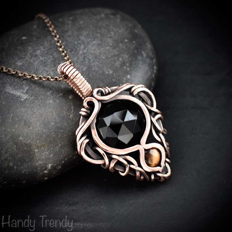 Black Onyx and Yellow Tiger Eye Pendant, Freeflow Copper Wire Wrapped