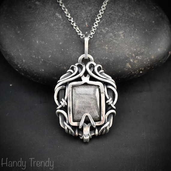 Silver Obsidian Free Flow Pendant, 925 Sterling Silver Wire