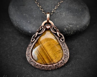 Tiger eye cage pendant, Copper wire wrapped jewelry, Unique handmade Birthday gift, Artisan boho necklace, One of a kind statement piece
