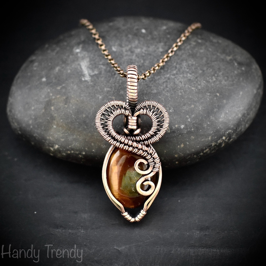 Tiger Eye Heart Pendant, Copper Wire Wrapped Necklace  display picture 2