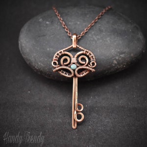 Turquoise key pendant, Copper wire wrapped jewelry, Unique handmade boho necklace, Birthday gift for Her Mom Wife Sister, Artisan necklace