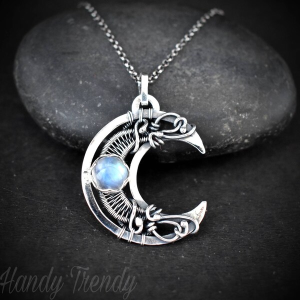 Moon pendant, 925 sterling silver Wire wrapped jewelry, Handmade Celtic necklace, Unique elegant anniversary gift for Wife, Artisan jewelry