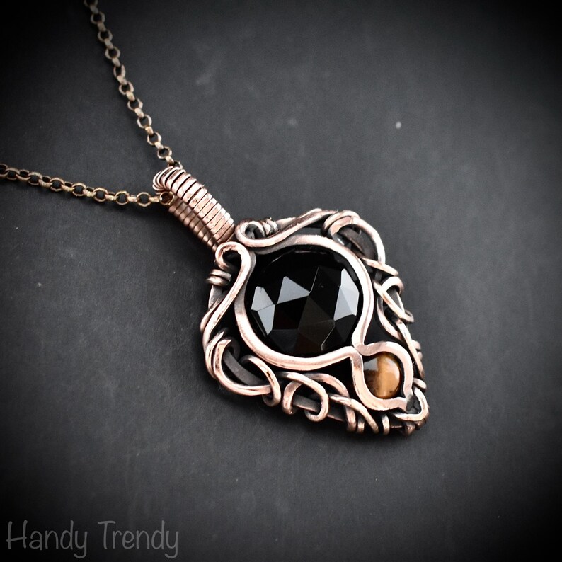 Black Onyx and Yellow Tiger Eye Pendant, Freeflow Copper Wire Wrapped