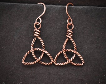 Triquetra earrings, Copper Wire wrapped jewelry, Unique handmade gift for Her Mom Wife Sister, Artisan boho earrings, Simple elegant earring