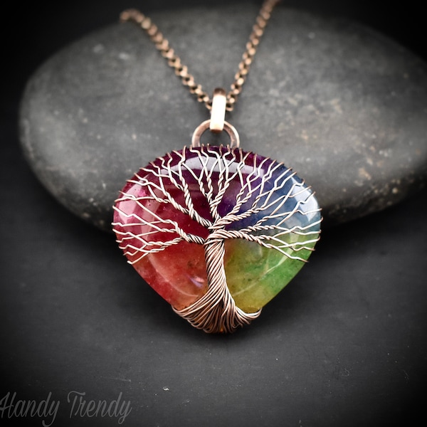 Rainbow solar quartz tree of life pendant, Copper wire wrapped jewelry, Unique handmade birthday gift, Celestial artisan jewelry