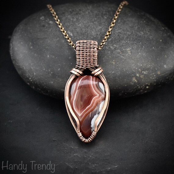 Orange Botswana Agate Pendant, Copper Wire Wrap Jewelry, Unique - Main Image